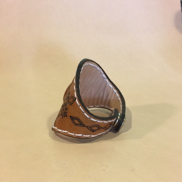 Boho Tooled Leather Cuff Bracelet Blue Tiger’s Eye Gemstone Inlay Mandala Style - Picture 2 of 9